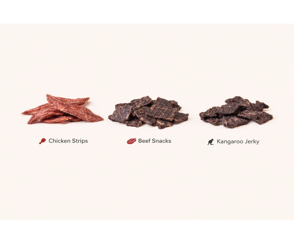 Three types of snacks labeled 'Chicken Strips', 'Beef Snacks', and 'Kangaroo Jerky' on a white background.