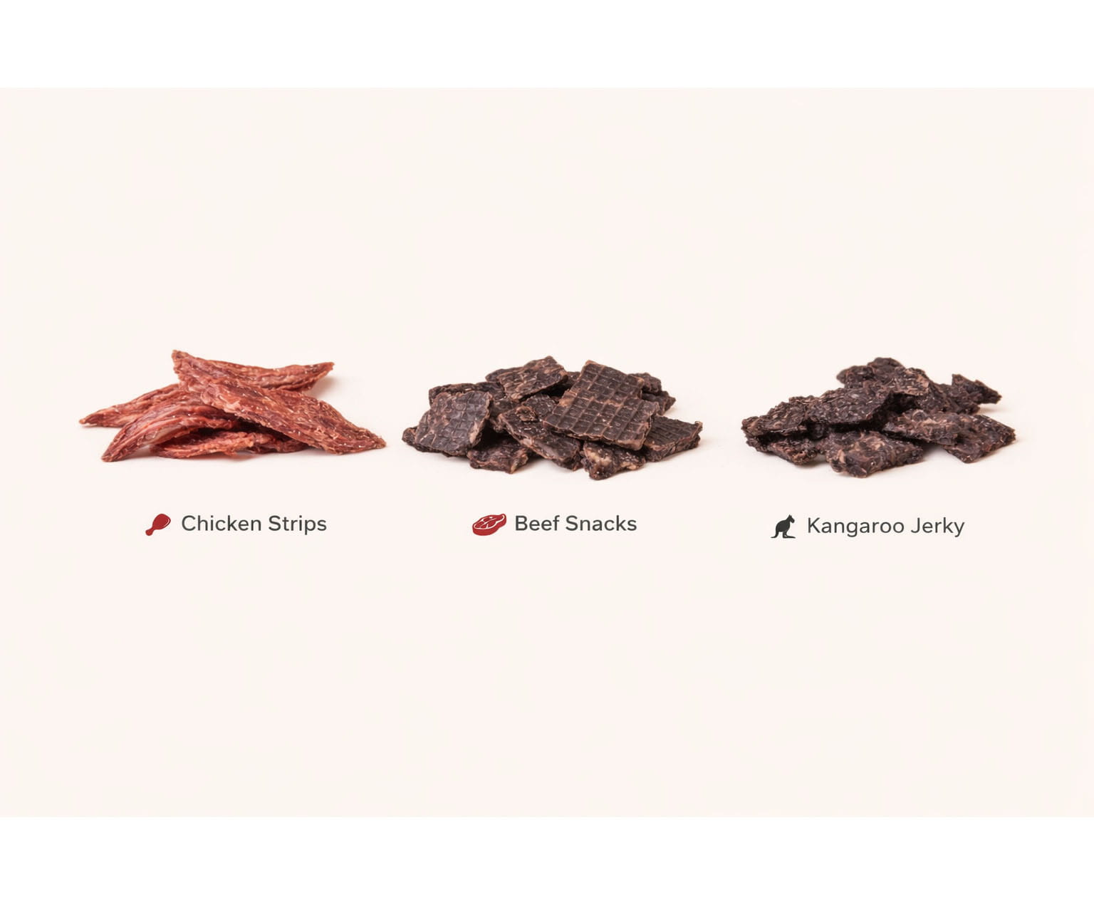 Three types of snacks labeled 'Chicken Strips', 'Beef Snacks', and 'Kangaroo Jerky' on a white background.