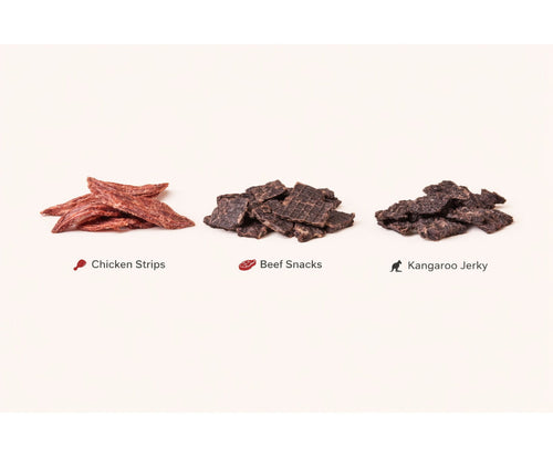 Three types of snacks labeled 'Chicken Strips', 'Beef Snacks', and 'Kangaroo Jerky' on a white background.
